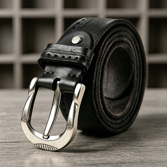 A genuine leather belt for men, crafted from carefully selected, wear-resistant cowhide and paired with a U-shaped (horseshoe) pin buckle, exuding a classic, vintage style.