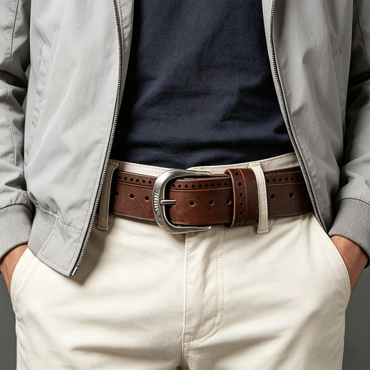 A genuine leather belt for men, crafted from carefully selected, wear-resistant cowhide and paired with a U-shaped (horseshoe) pin buckle, exuding a classic, vintage style.